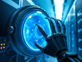 Secure IronClaw AI agent interacting with digital vault representing enhanced security against OpenClaw vulnerabilities.
