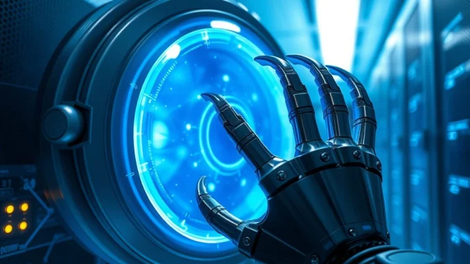 Secure IronClaw AI agent interacting with digital vault representing enhanced security against OpenClaw vulnerabilities.