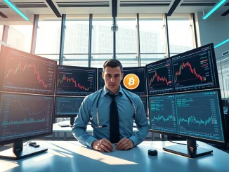Jane Street quantitative trader analyzing Bitcoin price charts and algorithmic trading data on multiple monitors