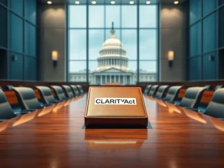 The CLARITY Act binder in a congressional hearing room, symbolizing pending U.S. crypto regulation and JPMorgan's 2026 market forecast.