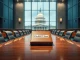 The CLARITY Act binder in a congressional hearing room, symbolizing pending U.S. crypto regulation and JPMorgan's 2026 market forecast.