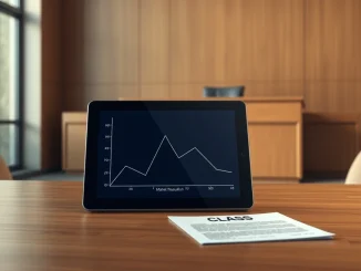 Legal lawsuit document next to a tablet showing a crashed prediction market graph, representing the Kalshi action case.