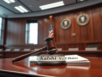 Legal gavel and documents symbolizing Kalshi's court loss in Ohio sports betting lawsuit