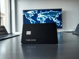 Kast stablecoin payment card on a desk with a world map showing expansion routes to North America, Latin America, and the Middle East.