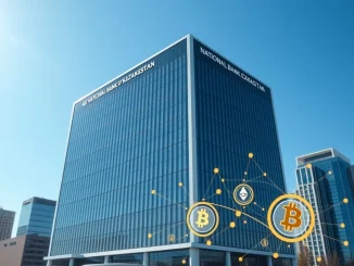 National Bank of Kazakhstan headquarters with digital asset visualization representing the $350 million crypto-linked portfolio investment.