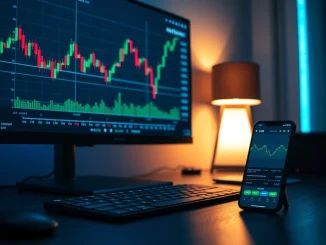A trading desk monitor displaying financial charts for KuCoin's new stock index perpetual contracts.