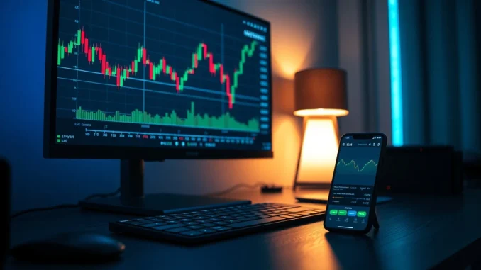 A trading desk monitor displaying financial charts for KuCoin's new stock index perpetual contracts.