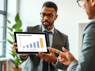 Financial advisor explains a 401k portfolio chart with a digital assets allocation segment.