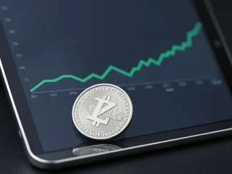 Litecoin price prediction analysis showing a silver LTC token and a financial trend chart.