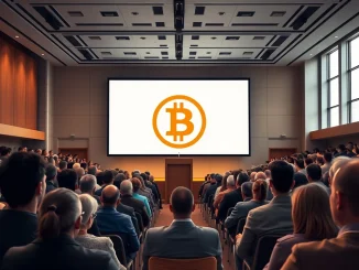 Conference hall at Digital Asset Summit NYC 2026 featuring Lombard and Blockworks Bitcoin track presentation.