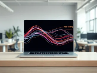 Lovable's vibe-coding platform visualized as colorful code on a laptop in a modern tech office.