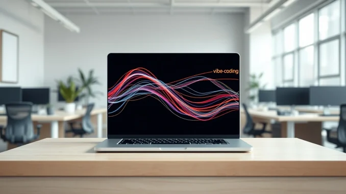 Lovable's vibe-coding platform visualized as colorful code on a laptop in a modern tech office.