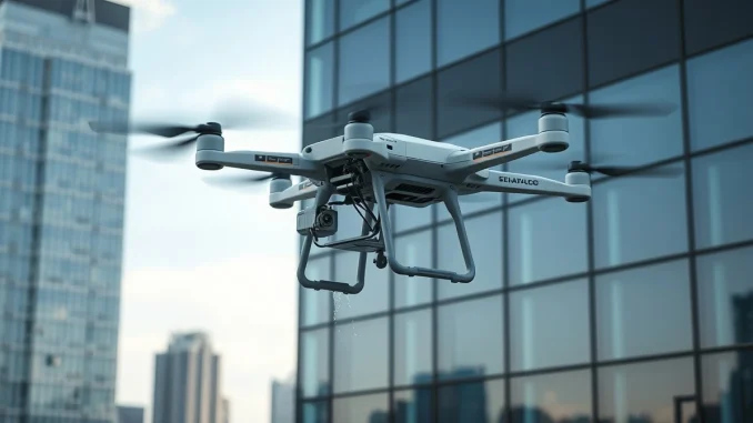 Lucid Bots Sherpa drone cleaning the window of a commercial high-rise building.