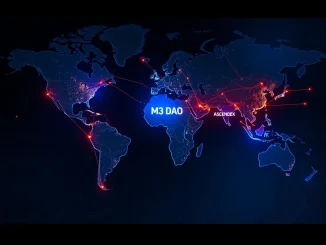 M3 DAO and AscendEX integration visualized as a global Web3 network expanding market access and liquidity.