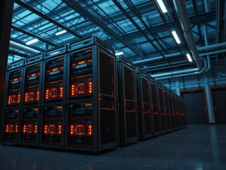 MARA Holdings Bitcoin mining facility with rows of ASIC miners, representing the company's strategic treasury decision.
