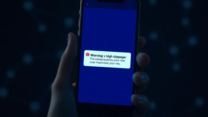 Smartphone screen showing a DeFi slippage warning during the $50M Aave swap MEV bot attack.
