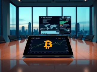 Michael Saylor's MicroStrategy buys Bitcoin amid geopolitical tensions, shown on a financial tablet chart.