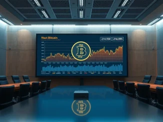 Analyst reviewing Bitcoin price and supply data on a digital screen in a corporate setting.