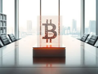 MicroStrategy's corporate Bitcoin investment strategy visualized as a digital blockchain hologram.