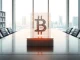 MicroStrategy's corporate Bitcoin investment strategy visualized as a digital blockchain hologram.