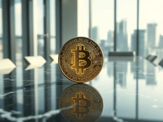 MicroStrategy's corporate Bitcoin investment strategy visualized as a digital coin in a boardroom.
