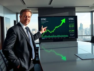 Michael Saylor analyzing MicroStrategy STRC stock performance and Bitcoin purchase strategy in corporate boardroom