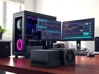 Modern home Bitcoin mining setup showing PC and ASIC miner comparison for 2026 cryptocurrency analysis