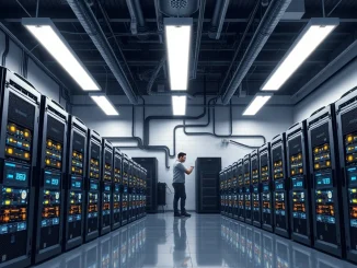 Interior of a US Bitcoin mining data center showing rows of ASIC hardware, related to the Mined in America Act.