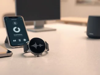 Mistral AI's Voxtral TTS speech generation model running on a smartwatch and smartphone for enterprise voice AI applications.