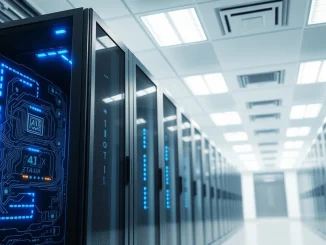 Mistral Forge enterprise AI platform server rack in a data center, representing custom model training.