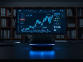 Moltbot AI assistant managing cryptocurrency portfolios on a desktop with blockchain visualizations.