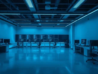 Empty AI research lab workspace with monitors displaying code at night.