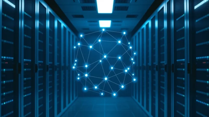 Visualization of integrated blockchain and traditional finance networks representing the Nasdaq and Talos institutional tokenization partnership.