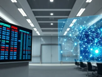 Illustration of traditional and blockchain stock markets splitting, representing Nasdaq tokenization risks.
