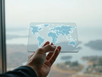 A symbolic image representing a network state, showing a digital network map on a tablet against a global backdrop.