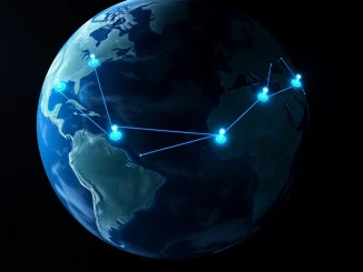 Global map illustrating the concept of a network state with digital connections linking international communities.