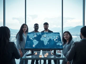 Network state concept showing a digitally-connected global community using blockchain technology for governance.