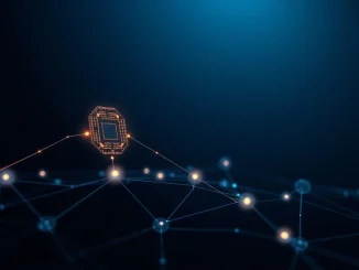 Futuristic AI brain chip within a blockchain network representing new cryptos like DeepSnitch AI for 2026.