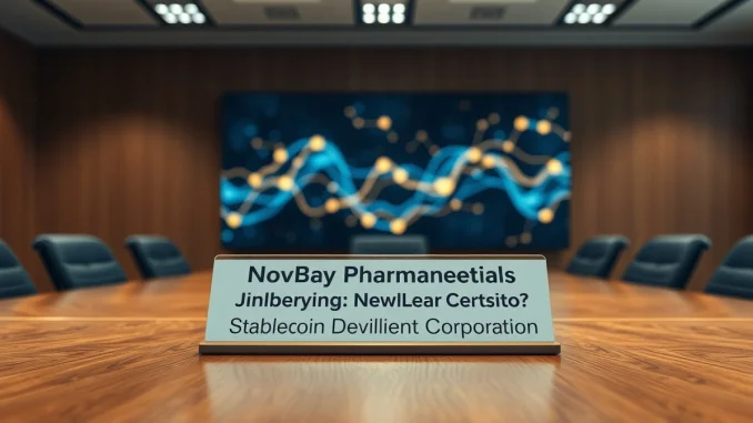 Corporate nameplate change symbolizing NovaBay Pharmaceuticals' pivot to Stablecoin Development Corporation.