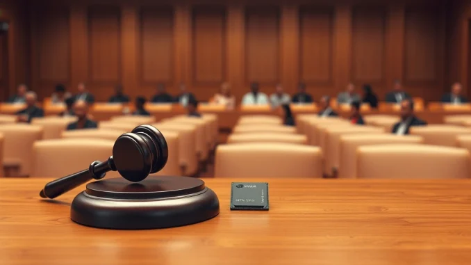 Courtroom scene with judge's gavel and computer chip representing Nvidia class-action lawsuit over crypto revenue disclosures.