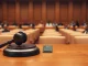 Courtroom scene with judge's gavel and computer chip representing Nvidia class-action lawsuit over crypto revenue disclosures.