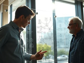 A father-son duo at a whiteboard mapping digital context for AI agents at startup Nyne.