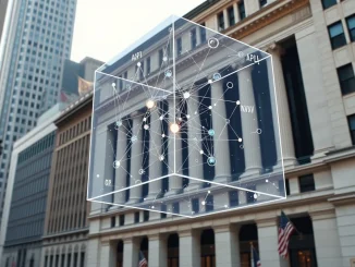 NYSE building with blockchain network visualization representing the new tokenized securities platform partnership.