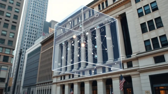 NYSE building with blockchain network visualization representing the new tokenized securities platform partnership.