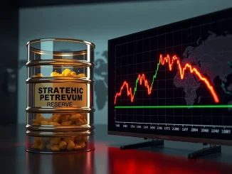 Strategic petroleum reserve barrel and volatile market graph illustrate G7 action on oil prices.