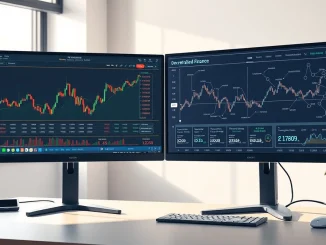 Comparison of traditional and onchain commodity trading interfaces on a modern desk.