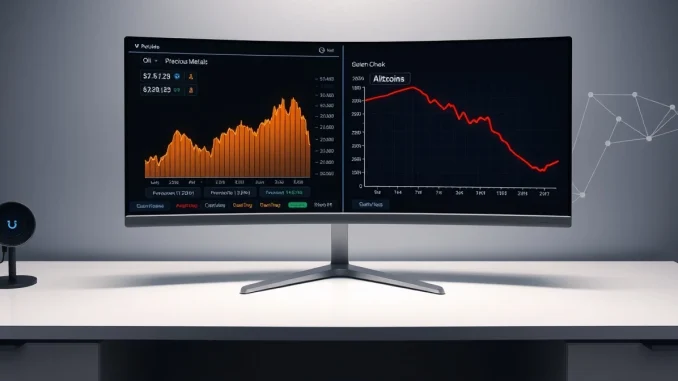 Trading desk visualization showing rising commodity perpetual futures and falling altcoin markets.
