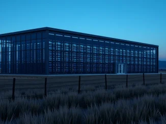 AI data center meeting rural landscape, symbolizing infrastructure expansion and real-world pushback.