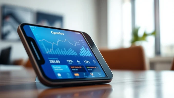 Smartphone displaying the OpenSea app interface with charts showing market data.