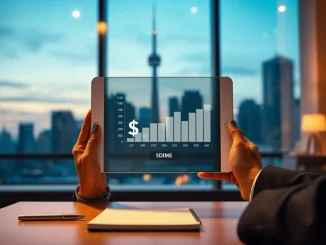 Professional in Toronto holds tablet displaying Paradex $DIME token launch details at dusk.